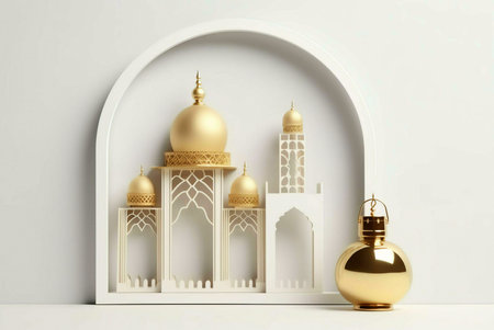 A 3D render of a golden mosque ornament with a lantern in front of itの写真素材