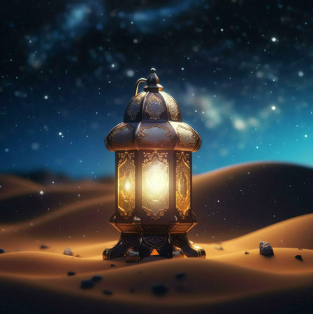 A golden lantern sits on a sand dune with a starry night sky above, symbolizing hope and faith during the Muslim holy month of Ramadan.の写真素材