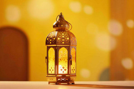 A golden lantern with intricate designs stands on a table against a blurred yellow background, casting a warm glow. It symbolizes the spirit of Islam and the celebrations during Ramadan and Eid.の写真素材