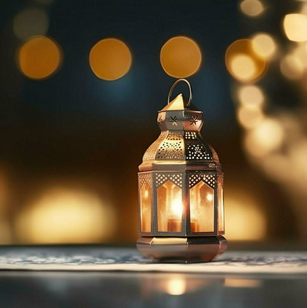 A golden lantern with intricate designs, lit by a warm candle, against a backdrop of soft, blurred...