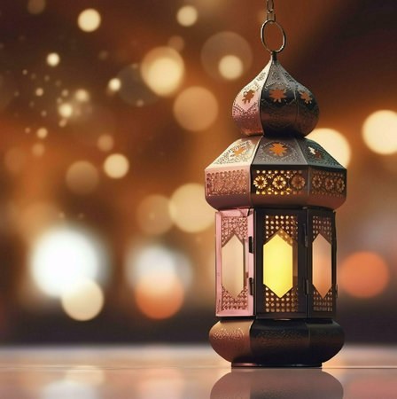 A traditional Ramadan lantern with intricate designs and warm glow, perfect for celebrating the holy...