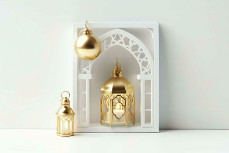 Three golden lanterns stand in front of a white archway, symbolizing the beauty and festivity of...