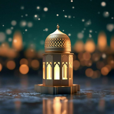 A golden lantern with intricate patterns, lit from within, stands against a dark green background with soft, sparkling lights.の写真素材