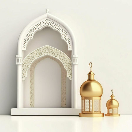 A beautiful 3D render of a white Islamic archway with intricate patterns, adorned with two golden lanterns.の写真素材