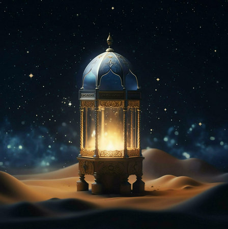 A golden ornate lantern stands tall in a desert landscape under a starry night sky, its warm glow illuminating the surrounding sand.の写真素材
