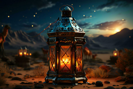 A single ornate lantern stands in the desert, illuminated by a flickering candle. The sky above is filled with stars and the setting sun casts long shadows across the sand.の写真素材