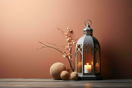 A still life photograph of a gray lantern with lit candles on a wooden table, with a branch of delicate pink flowers and round ornaments beside it.の写真素材