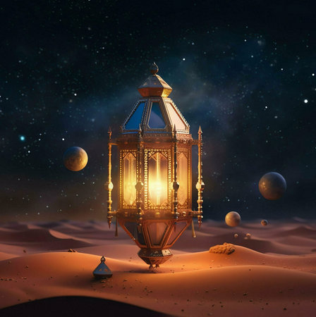 A golden Ramadan lantern stands in a desert, lit and glowing under a starry sky, with celestial bodies surrounding itの写真素材