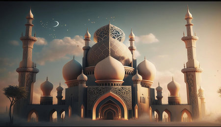 A grand mosque with intricate details stands tall against a vibrant sunset sky. The golden hues paint the scene with a sense of tranquility and spirituality.の写真素材