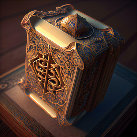 An intricately carved and detailed antique book with a rich golden hue. The book's surface is adorned with ornate patterns and intricate details, suggesting its age and value.の写真素材