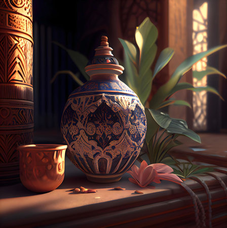 A close-up shot of a ceramic vase intricately with designs, placed on a table with a flower and leaves, creating a beautiful still life scene.の写真素材