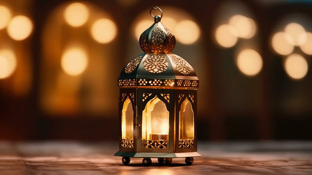 A close-up shot of a traditional lantern with intricate designs and a warm glow emanating from the...