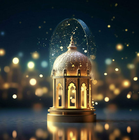 A golden lantern with Islamic intricate architecture is illuminated against a dark background with bokeh lights.の写真素材