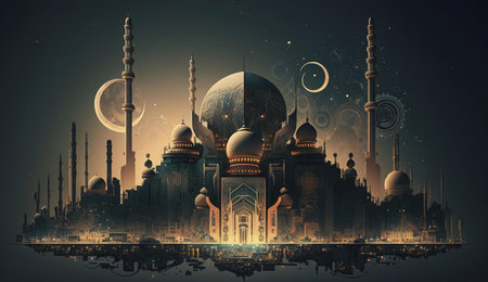 A detailed illustration of a majestic mosque silhouetted against a starry night sky. The domes and minarets of the mosque are illuminated by the moon's soft glow. The artwork evokes a sense of spirituality and mystery, inviting viewers to contemplate the beauty and grandeur of Islamic architecture.の写真素材