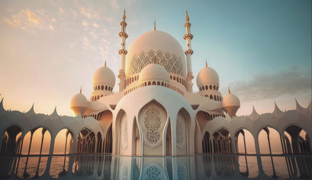 A breathtaking view of the Sheikh Zayed Grand Mosque in Abu Dhabi, UAE, bathed in the golden light of sunset. The mosque's intricate details and grand scale are reflected in the water, creating a serene and awe-inspiring image.の写真素材
