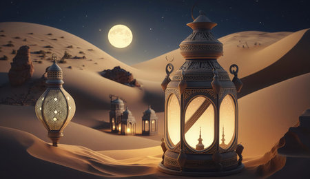 A single lantern stands tall in the desert, its light illuminating the sand dunes. The full moon shines brightly in the night sky, casting a magical glow on the landscape.の写真素材