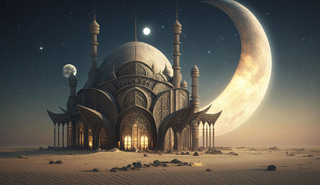 A grand palace stands in a desert landscape under a crescent moon and a starry sky. The architecture is ornate and intricately, hinting at a mystical and enchanting story.の写真素材