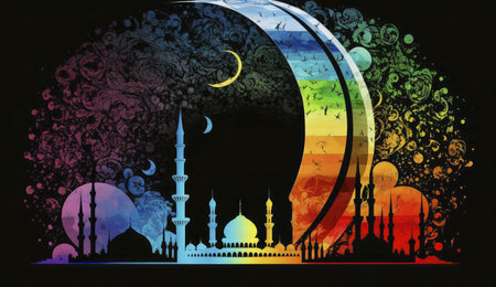 A colorful and intricate illustration of a mosque silhouette against a vibrant night sky with a crescent moon and stars.の写真素材
