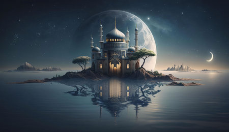 A majestic mosque stands on a small island bathed in moonlight, its reflection mirroring the serene beauty of the night sky.の写真素材