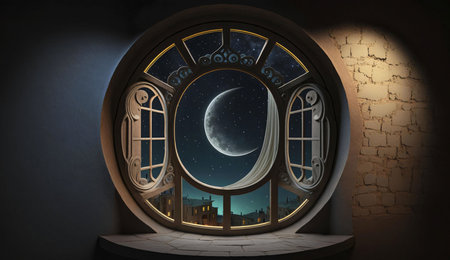 A circular window with ornate frames reveals a captivating night sky. A crescent moon shines brightly amidst a scattering of stars.の写真素材