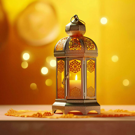 A close-up shot of a beautiful, ornate golden lantern with a lit candle inside. The lantern is intricately designed with an arabesque pattern and sits on a table against a soft yellow background with blurry lights.の写真素材