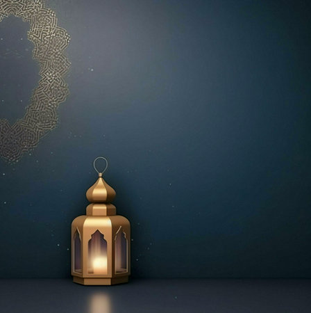 A golden lantern with Islamic intricate patterns on a blue background. The lantern is lit, creating a warm and inviting atmosphere. The image symbolizes the spirit of Ramadan and Eid.の写真素材