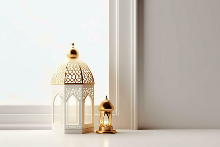 Two ornate golden lanterns with intricate patterns sit on a window sill, casting a warm glow. The white wall and window frame provide a minimalist backdrop, creating a serene and elegant atmosphere.の写真素材