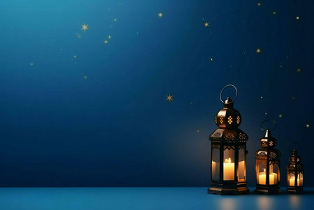 Three ornate lanterns with lit candles stand on a blue surface, bathed in the soft glow of their flames against a dark blue background sprinkled with golden stars. The image evokes a sense of peace, warmth, and celebration.の写真素材