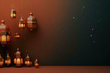 A collection of ornate hanging lanterns, illuminated with warm light against a starry night...