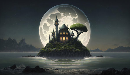 A fantastical castle perched on a small island bathed in the silvery light of a full moon. The scene evokes a sense of wonder and magic, with the castle's silhouette standing out against the dark sky and water.の写真素材