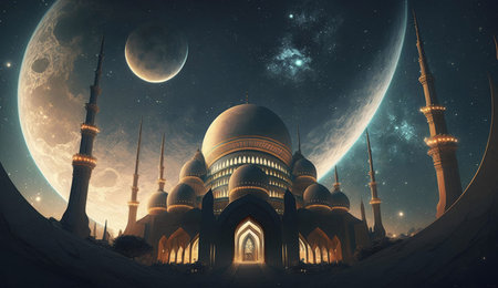 An intricately designed mosque with golden details stands tall under a starry night sky, two large moons loom in the backgroundの写真素材