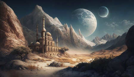 A majestic palace nestled at the foot of towering mountains, under the glow of two luminous moons.の写真素材