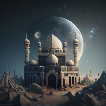 A majestic mosque standing tall in a desert landscape under a crescent moon and a starry night sky.の写真素材
