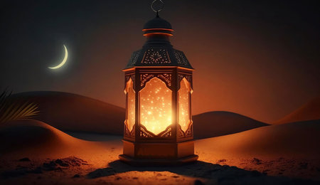 A glowing lantern in the desert under the crescent moon, symbolizing the Islamic holy month of Ramadanの写真素材