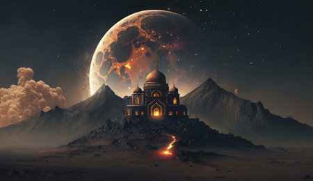 A mystical mosque stands tall on a hill, bathed in the warm glow of a giant moon in a surreal, desert landscape.の写真素材