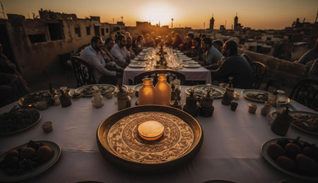 A group of people enjoys a dinner on a rooftop with a breathtaking sunset view over the city.