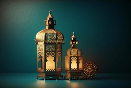 Two golden lanterns with intricate designs stand against a teal background. The lanterns are...