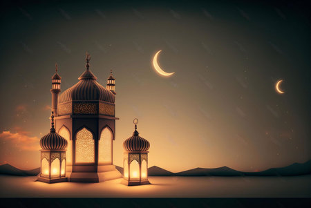 A glowing mosque with lit lanterns under a crescent moon in a peaceful night sky.の写真素材