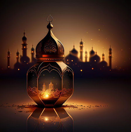 A golden lantern glows brightly against a dark background, with the silhouette of a mosque in the distance.の写真素材