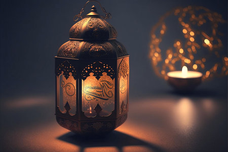 An ornate lantern with a warm glow, featuring intricate designs and a candle inside. The lantern is...