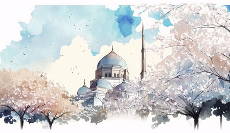 A watercolor painting depicting a mosque with blooming cherry blossom trees in the foreground. The mosque's domes and minaret are prominent features, with a blue sky and white clouds in the background.の写真素材