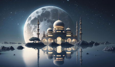 A majestic mosque stands illuminated on a small island under a full moon, its reflection shimmering in the still water.の写真素材