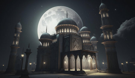A beautiful mosque under a full moonの写真素材
