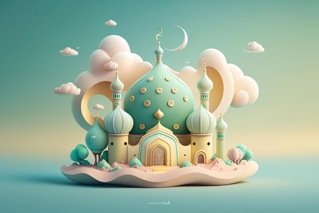 A 3D illustration of a mosque with a crescent moon and clouds. The mosque is made of pastel colors and is rendered in a cute and whimsical style.の写真素材