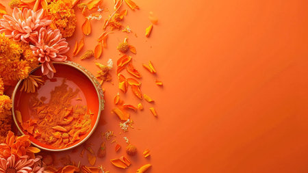 Orange flowers and petals scattered on an orange background with a gold bowl in the center.