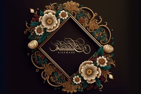 An ornate floral frame with intricate gold details, surrounding a central area featuring Arabic calligraphy, creating a luxurious and celebratory design.の写真素材