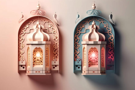 Two ornate lanterns with intricate designs illuminate the scene, celebrating the holy month of Ramadan.の写真素材