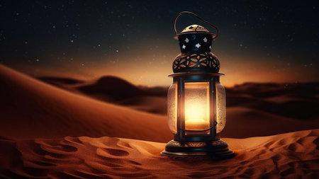 A single lantern illuminates the vast expansion of the desert night. Its soft glow casts long shadows across the dunes, creating a serene and mystic atmosphere.の写真素材