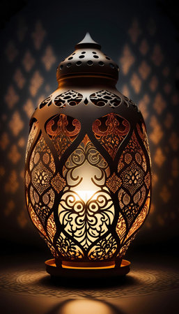 An intricately designed lantern with intricate patterns, glowing with a warm light, casting shadows against a dark background.の写真素材