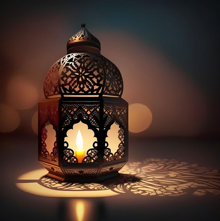 A beautifully ornamented lantern sits on a dark background, casting intricate shadows. A single...